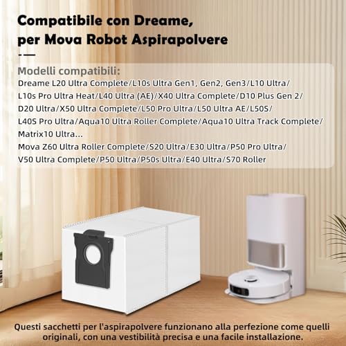 12 Dust Bags for Dreame L10/L40/L50/L40s/L50s/AE/L10s Pro Ultra, L20/X40/X50/Aqua10 Ultra for Mova S70/E30/E40/P50/P50s/Z60 Ultra Vacuum Cleaner, Large Capacity Replacement Bag 3.2L