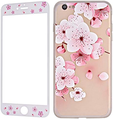 Wafly iPhone 7 Case and Screen Protector, iPhone 8 Silicone Case Flowers, Floral Slim Soft TPU Bumper Protective Cover+9H Temper Glass Screen Protector [Full Cover] for iPhone 8/7, 4,7''-Women Girls