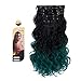Creamily Natural Black to Mixed Olives to Peacock Green 3-tone Ombre Color Wavy Clip in Hair Extensions 8 Pieces 18