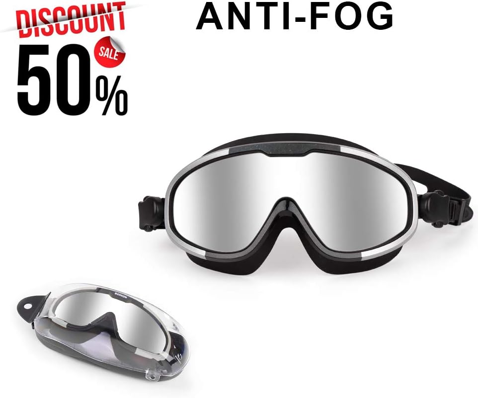 GOODNEW Adult Swimming Goggles No Leaking Waterproof Anti-Fog UV Protection Large Frame Swimming Goggles and Widely Clear View Swim Goggles with High Definition(Black)
