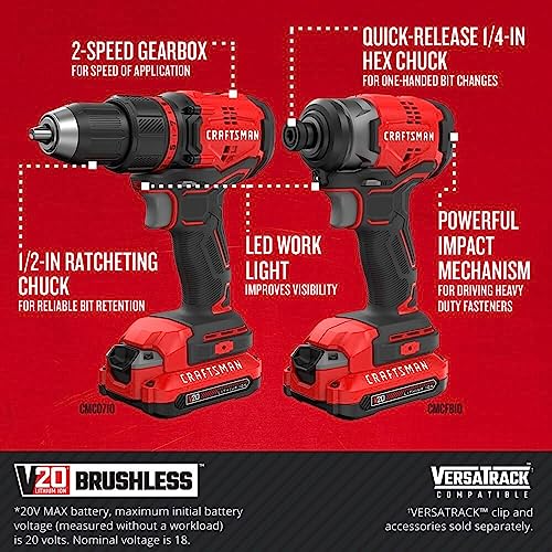 CRAFTSMAN V20 MAX Cordless Drill and Impact Driver, Power Tool Combo