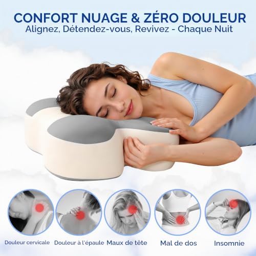 Oreiller Ergonomique Cervical pour Soulager Les Douleurs (Gris et Blanc)