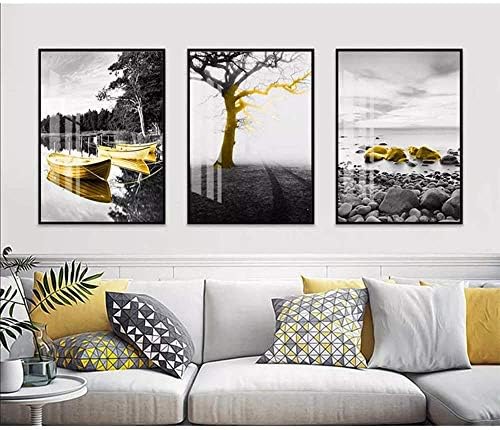 アメリカンスタイルの3ピースの黒と白の木々黄色い橋のリーフパターン 