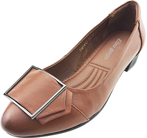 Ebu gogo Women s Low Heel Pump Shoes Pointed Toe With Buckle â€¦ (6.5B(M) US, Brown)
