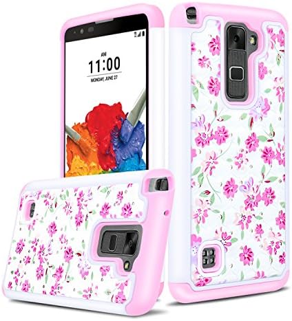 LG Stylo 2 Plus Case, LG Stylus 2 Plus Case, Heng Tech (TM) Flower Studded Rhinestone Crystal Bling Hybrid Armor Case Cover for LG G Stylo 2 Plus / LG Stylus 2 Plus (White / Pink)