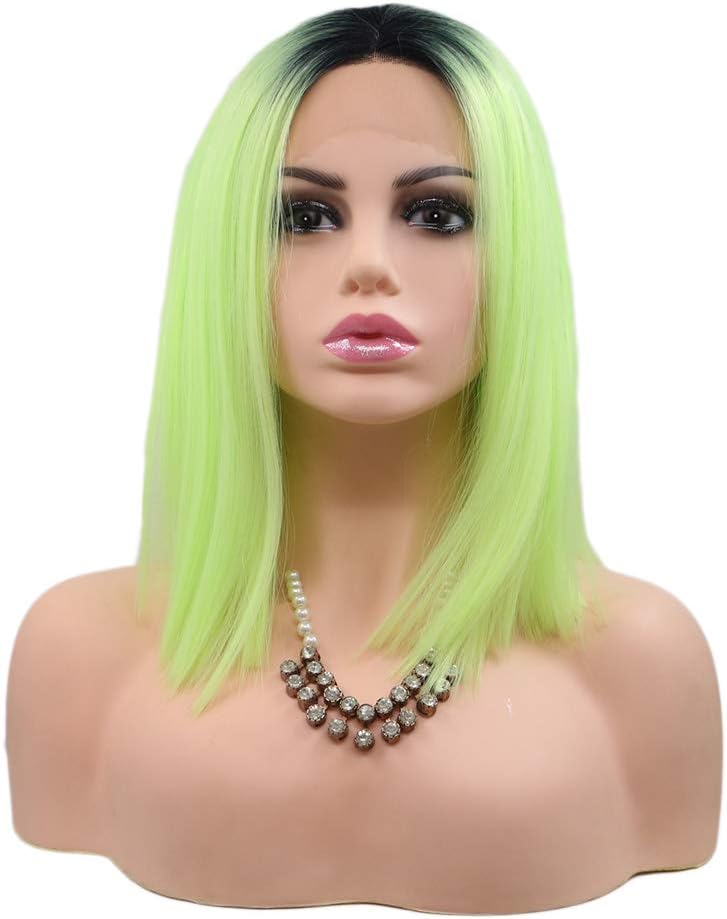 Neon Green Real Hair Lace Bob Wig Short Wigs for Black Women Black Root Fluorescence Green Ombre Wigs Hd Frontal Glueless Synthetic Lace Front Wig Short Drag Cosplay Daily 14Inch - Image 3