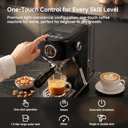 HIBREW H10B Programmable Espresso Machine with LED Display and Pressure Gauge | Compact Stainless Steel Coffee Maker 20 Bar with Milk Frother, Portafilter 51 mm for Cappuccino and Latte