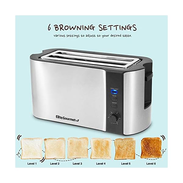 Elite Gourmet ECT3100 Long Slot 4 Slice Toaster, Reheat, 6 Toast Settings, Defrost, Cancel