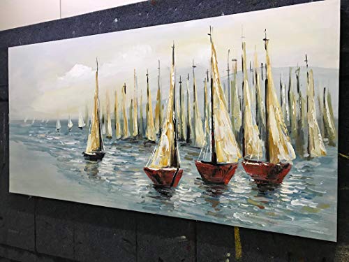 V-inspire Paintings，24x48 Inch Oil Hand Painting Sailing Boat on Blue Sea Warm Color Painting Style Home Decoration Wood Inside Framed Ready to Hang - Thumbnail 3