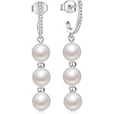 GW Pearl Drop Earrings for Women 925 Sterling Silver Pearl Dangle Earrings with Cubic Zirconia, Wedding Pearl Tassel Earrings Jewelry