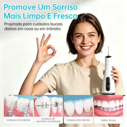 Irrigador Oral Portátil Sem Fio 300ml com 5 Bico Higiene Limpeza | Recarregável Type-C, Pressão Ajustável, Impermeável IPX7, Carregamento Rápido, Longa Duração Bateria, Uso Doméstico Viaje