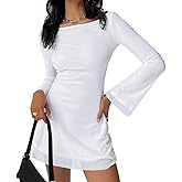 GCZREN Women Sexy Boat Neck Backless Mesh Mini Dress Solid Slim Fit Bell Long Sleeve Self Tie Back Sheer Short Dresses