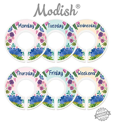 Days of The Week Clothes Organizer, Modish Labels Weekly Monday Through Friday Kids Closet Organization, Hanging School Clothes Organizers Sets, Girl Boho Floral Décor Pink Mint Yellow Children Room