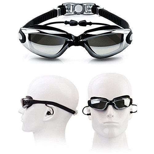 Linwnil Swim Goggles,Swimming Goggles with Mirror Lens for Men Women Adult Youth Kids Girls Anti Fog No Leaking with Earplugs,Nose Clips, and Case (Black/1Pack)