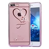 iPhone 8 Plus Case,iPhone 7 Plus Love Heart Bling Case, PHEZEN Bling Crystal Rhinestone Diamond Plating Frame Transparent Soft TPU Silicone Bumper Case Cover for iPhone 8 Plus/iPhone 7 Plus, Rose Gold