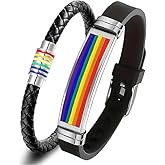 QHUAFoRen 2 Pack Rainbow Bracelet, LGBTQ Pride Wristbands Stainless Steel & PU Leather, Adjustable Bracelet, Ideal Pride Month Gift