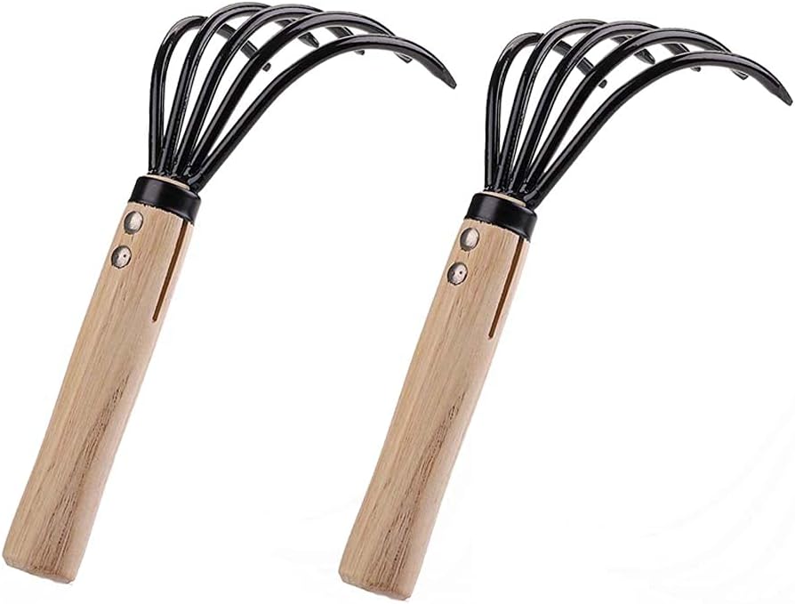 CHXIHome 2 Pack 5-Tine Claw Rake Hand Cultivator, Bendproof Garden Hand Rake Tool, Wooden Handle Claw Rake Hand Cultivator Garden Tools