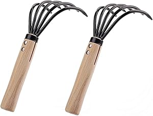 CHXIHome 2 Pack 5-Tine Claw Rake Hand Cultivator, Bendproof Garden Hand Rake Tool, Wooden Handle Claw Rake Hand Cultivator Garden Tools