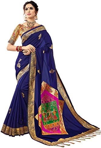 Urban India Women's Banarasi Silk Jacquard Saree Free Size Blue