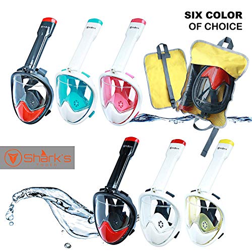 Shark's Tooth Snorkel Mask Full Face w/Compatible Action Camera Mount | 180° Panoramic Swimming View | Anti-Leak Fit & Anti-Fog Lens | Easy Breath Valves, V Backstop Technology (Black/Red, L/XL)