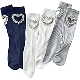 3 Pairs Heart-Shaped Hollow Rhinestone Crew Socks for Women, Teen Girls Cute Cotton Lolita Princess Glitter Socks