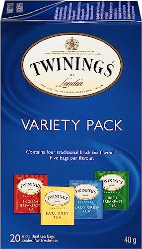 TWININGS VARIETY PACK BLACK TEA BAGS, 20 COUNT (PACK OF 1), INCLUDES ENGLISH BREAKFAST, EARL GREY, IRISH BREAKFAST, AND LADY GREY, CAFFEINATED, ENJOY HOT OR ICED, 20 TEABAGS