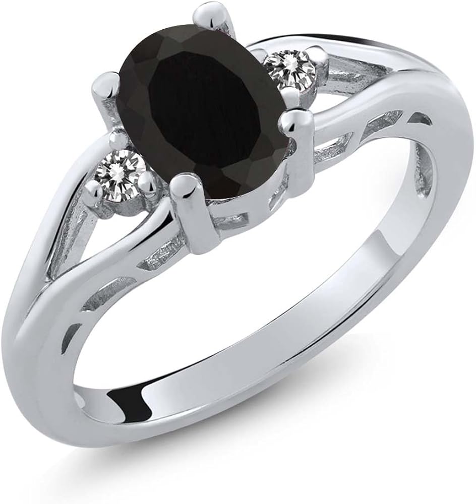 Gem Stone King 925 Sterling Silver Black Onyx And White Diamond Women S 3 Stone Engagement Ring 1 32 Ct Oval Available 5 6 7 8 9 Amazon Com