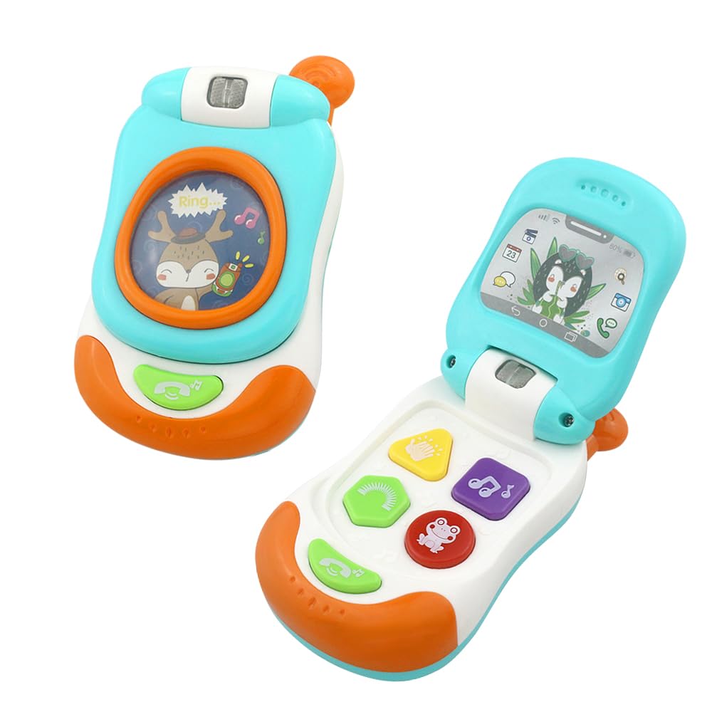 caterbee Baby Cell Phone Toy with Musicial and Light, Flip Phone Educational phone toddler toys (Blue)
