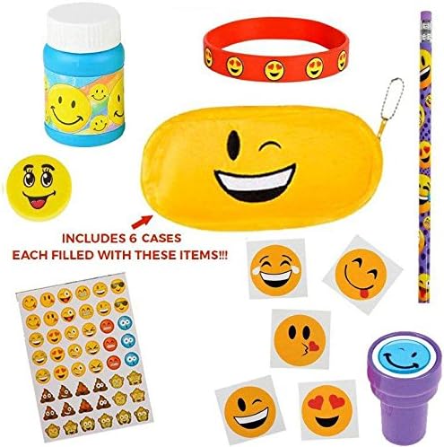 Emoji Themed Party Supplies - 6 Sets of Favors with Emoticon Theme - Variety of Goodies in Each Pack