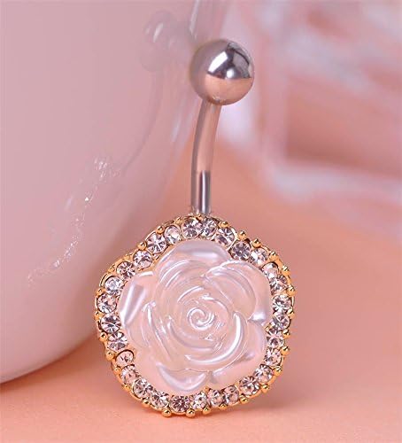 Blucoo Elegant White Rose Flowers Belly Button Piercing Navel Ring