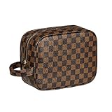 Luxouria Luxury Checkered Makeup Bag for Women (Brown), Men Toiletry Travel Pouch | Compact, Portable for Personal Storage, Cosmetic, Make Up | PU Vegan Leather with Zippered Access | Carry-On (Brown)