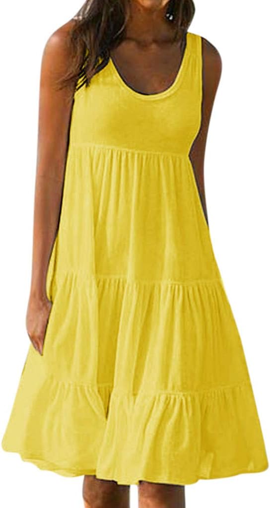 iLUGU Summer Beach Dresses for Women Solid Color Sleeveless Party Midi Dress