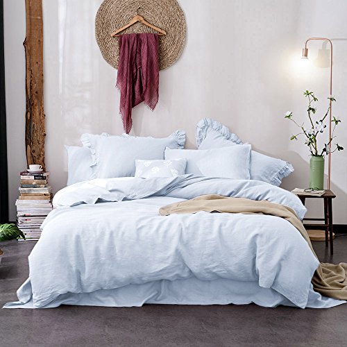Merryfeel Luxury Linen Duvet Cover Set,100% French Linen Bedding Set - King - Light Blue