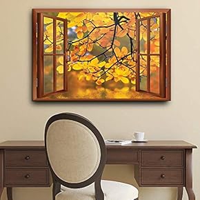 Modern Copper Window Looking Out Into a Yellow Tree Framing a Lake - Canvas Art Home Art - 24x36 inches