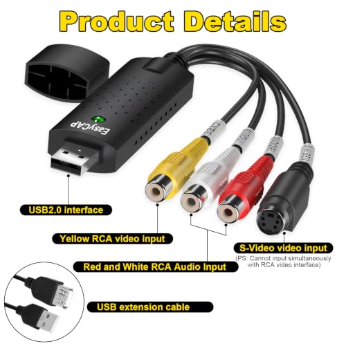 VHS to Digital RCA Converter Video and Audio Capturadora USB Converter for VHS VCR TV DVD Analog zu Digital Video Konverter for Windows 11 10 8 7 Mac XP Vista Black