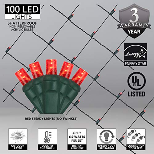 Set of 100 LED Red Net Lights - Christmas Net Lights, Outdoor Christmas Decorations, Green Wire (4 x 6 ft, 5mm Lights, Red)
