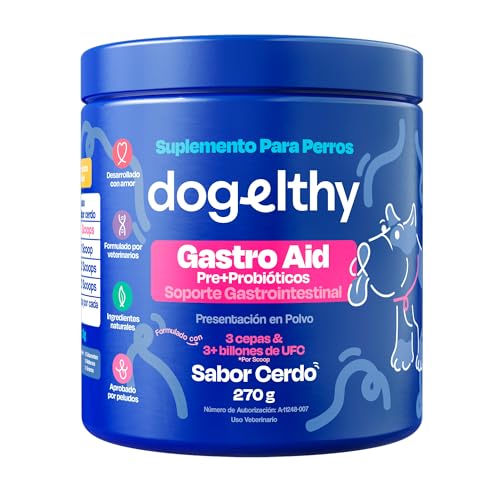 Dogelthy Gastro Aid. Pre + Probioticos con +3 Billones de UFC x Scoop. Suplemento para Perros. Complemento para Croquetas o Dieta Barf de 270g (Cerdo)