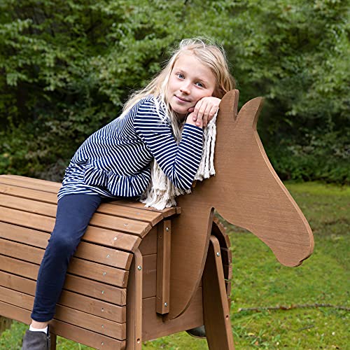 roba Solid Wood Riding Horse for Children – Weather Resistant – Seat Height 89 cm – Aerobatic Horse for Boys and Girls from 3 Years – Tinted Teak