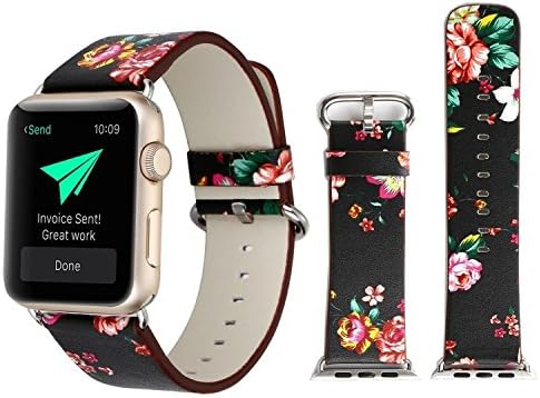 Apple Watch 42mm Band Floral Pattern Printed Smart iWatch Band, Winso Leather Flower Replacement iPhone Strap for Women Men fits Apple Watch Series 3/2/1 (Flower,Black-Red, 42mm)