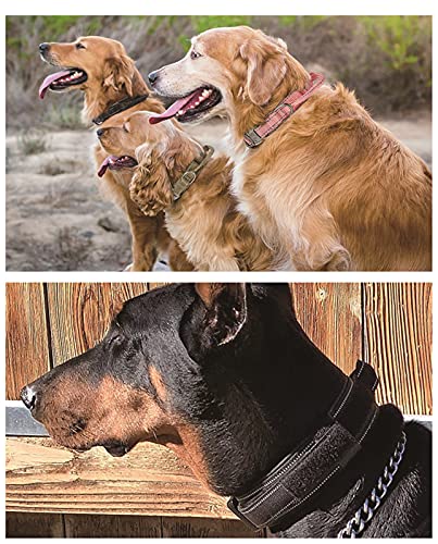 EGOBUY Tactical Dog Collar Reflective Nylon Adjustable Military Safety Soft Comfort Elastic Leash Metal Buckle and Handle with USA Flag Patch for Daily and Training