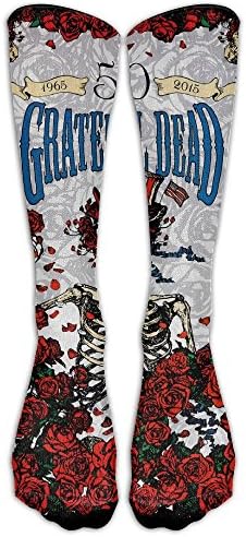 HEI222 Costume Cosply Socks Halloween Funny Unisex Distressed Skull Roses Grateful Dead Cool Knee High Socks WhiteOne Size