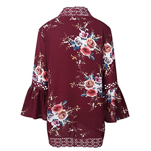Matoen® Women Lace Floral Open Cape Casual Coat Loose Chiffon Blouse Kimono Jacket Cardigan (Wine Red, L) - Thumbnail 4