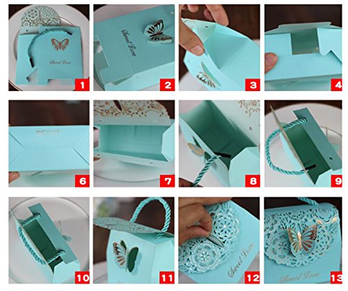 Finex 100 pcs Premium Korean Wedding Design Party Favors Candy Boxes - Light Blue 3D Butterfly Handbag style Hollow Carved Laser Die Cut