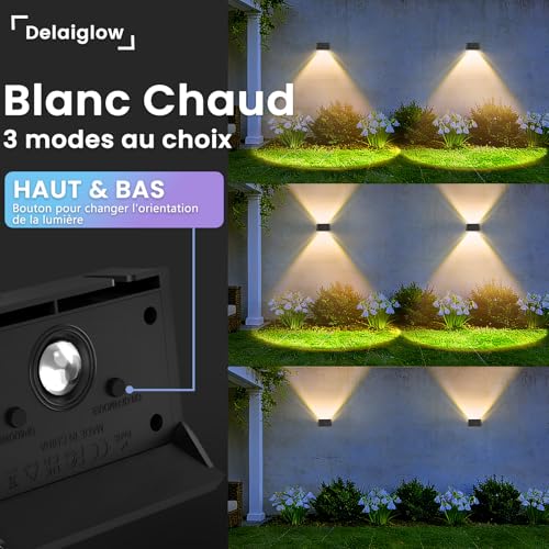 Delaiglow Set of 6 LED Outdoor Solar Light Up and Down Warm White Powerful Lighting 1000mAh IP67 Waterproof Lamp for Home, Garden, Patio