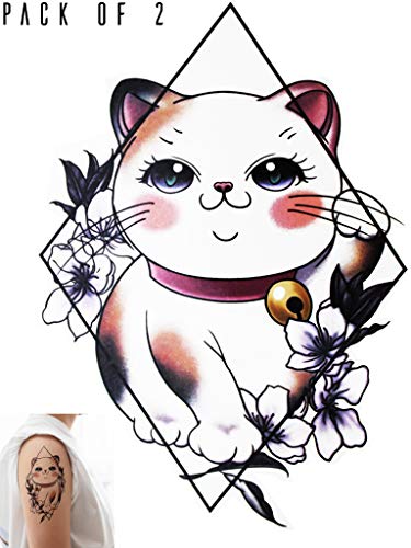 Amazon Com Novu Ink Kawaii Maneki Neko With Geometric Diamond And Flowers Temporary Tattoos Pack Of 2 Fake Tattoos Art Design Transfers Stickers For Body Arm Leg Etc 14cm X 10cm Beauty