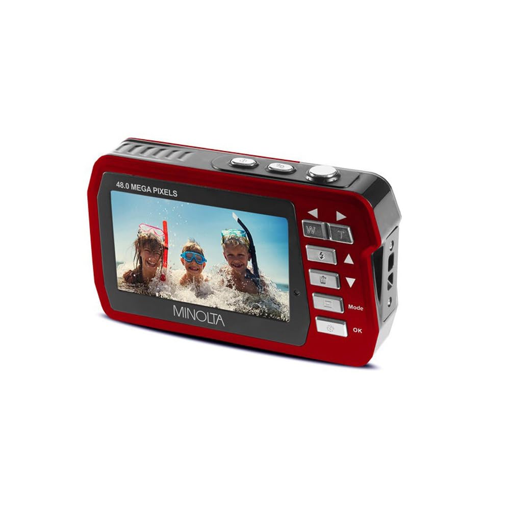 Minolta MN40WP 48MP Waterproof Digital Camera – Dual LCD Screens, 2.7K QHD Video, 16x Digital Zoom, Anti-Shake, Face Detection, 10ft Waterproof (Red)
