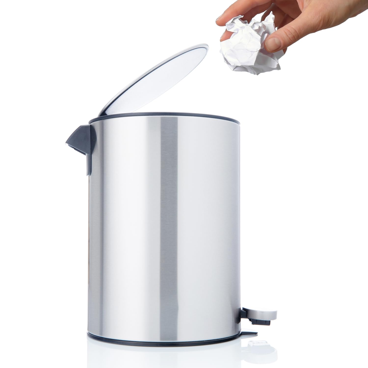 Bamodi 3L Bathroom Pedal Bin with Lid - Stainless Steel Soft-Close Trash Can for Bathroom, Bedroom, or Office - Smudge-Resistant Coating, Removable Inner Bucket, and Strong Suction Cups Base - Silver