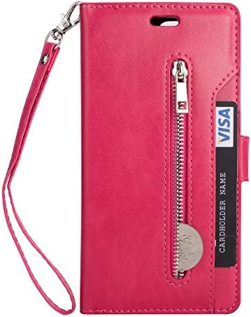 OnePlus 5T Case, Folice Zipper Wallet Case [Magnetic Closure]& 9 Card Slots, PU Leather Kickstand Wallet Cover Durable Flip Case for OnePlus 5T (2017 Version) (Rose RED)