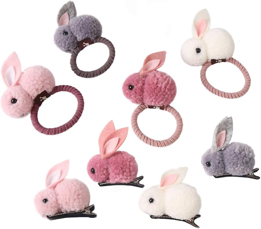 Lurrose 8pcs Rabbit Hair Ties and Bunny Hairpins Elastic Hair Ring Ponytail Holders Barrettes Easter Hair Accessories for Baby Girls