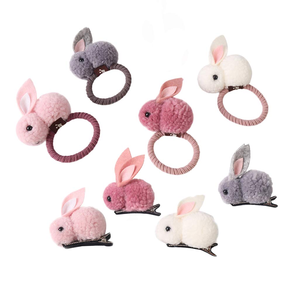Lurrose 8pcs Rabbit Hair Ties and Bunny Hairpins Elastic Hair Ring Ponytail Holders Barrettes Easter Hair Accessories for Baby Girls